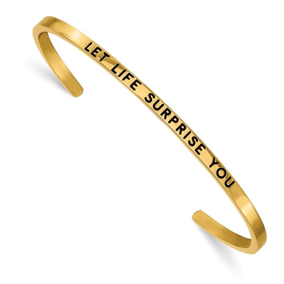 Primal Steel Stainless Steel Polished Yellow IP-plated with Enamel and Crystal LET LIFE SURPRISE YOU Cuff Bangle