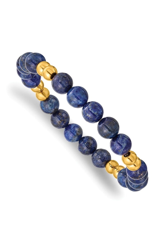 Stainless Steel Polished Yellow IP-plated with Lapis Beaded Stretch Bracelet