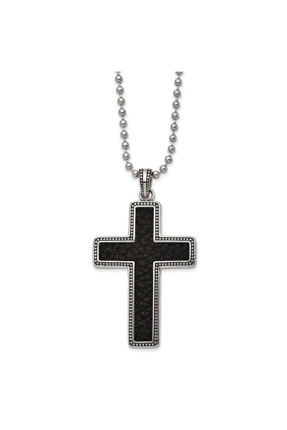 Stainless Steel Polished and Antiqued Black Leather Inlay Cross 22-inch Necklace