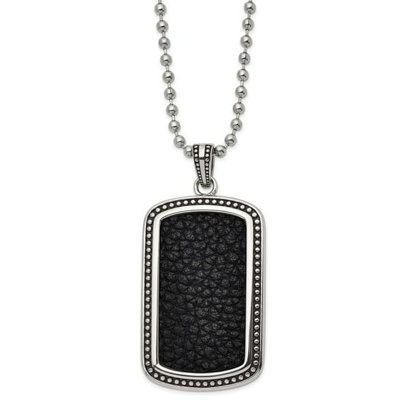 Primal Steel Stainless Steel Polished and Antiqued Black Leather Inlay DogTag 22-inch Necklace
