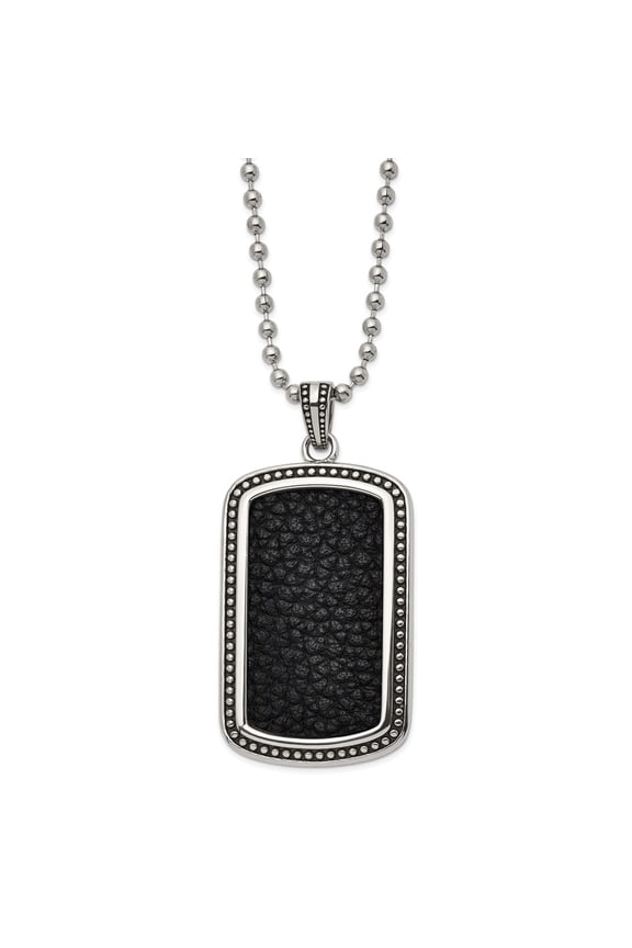 Stainless Steel Polished and Antiqued Black Leather Inlay DogTag 22-inch Necklace