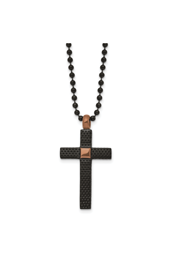 Stainless Steel Polished and Textured Black and Brown IP-plated Cross 24-inch Necklace