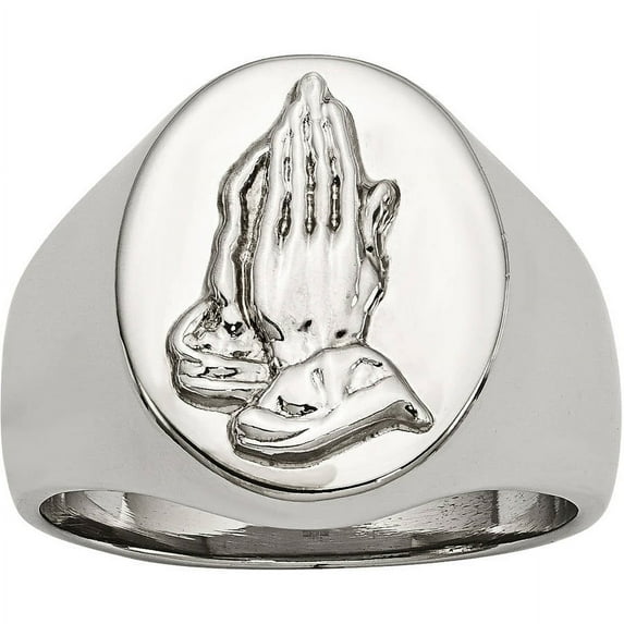 Primal Steel Stainless Steel Polished w/ Sterling Silver Praying Hands Ring