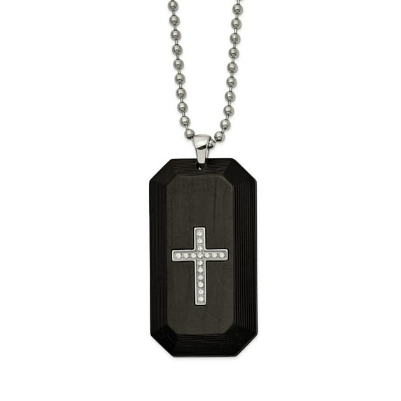 Primal Steel Stainless Steel Polished with Solid Carbon Fiber and Cubic Zirconia Cross Dog Tag Necklace