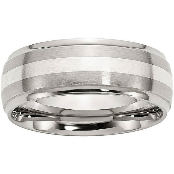 Primal Steel Stainless Steel Sterling Silver Inlay Brushed/ 8mm Ridged Edge Band