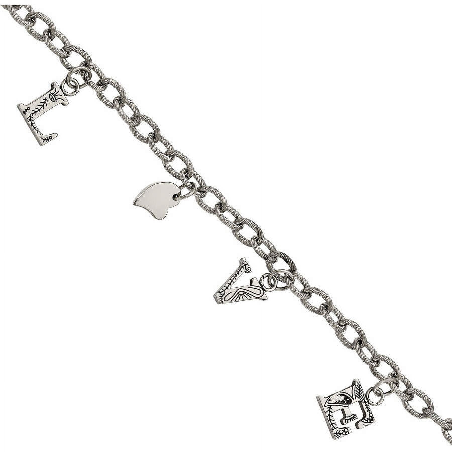 Primal Steel Stainless Steel and Textured LOVE Charm 8.25in Bracelet