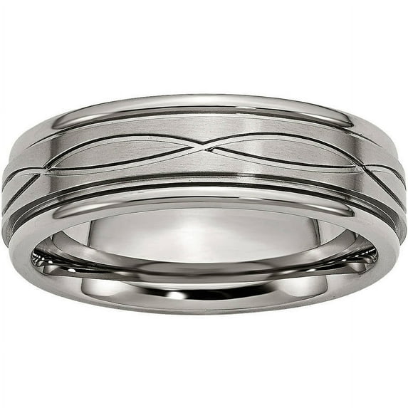 Primal Steel Titanium Brushed Center 7mm Criss-cross Design Ridged Edge Band