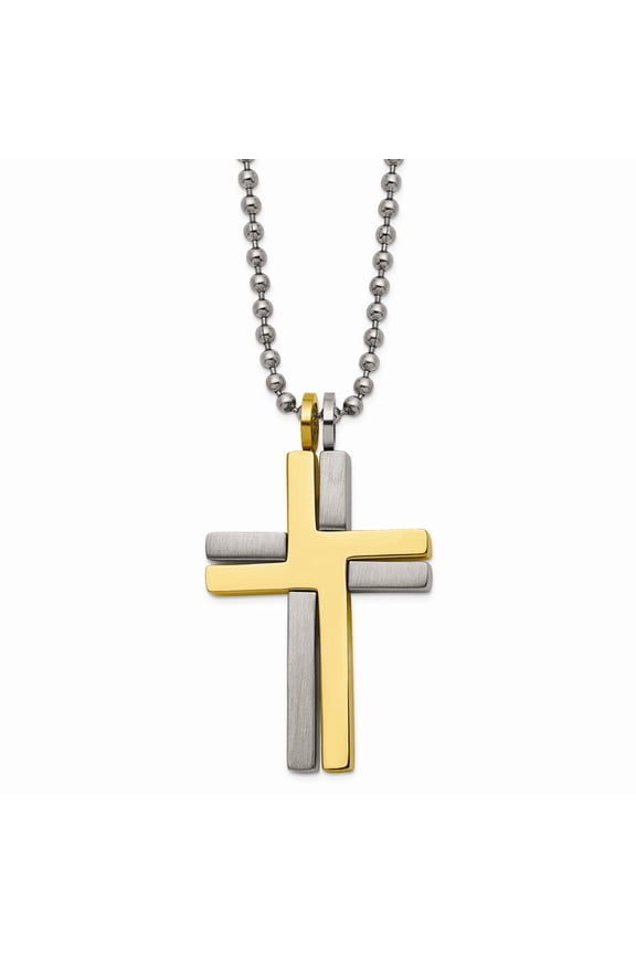 Titanium Brushed and Polished Yellow IP-plated 2-piece Moveable Cross Necklace