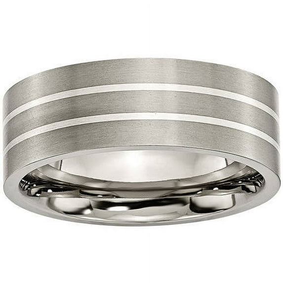 Primal Steel Titanium Brushed with Sterling Silver Inlay 8mm Flat Band