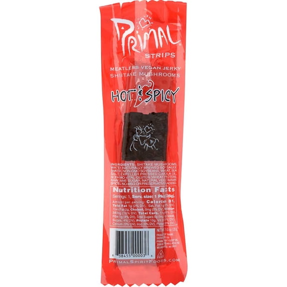 Primal Strips Hot and Spicy Meatless Jerky, 1 Ounce -- 24 per case.