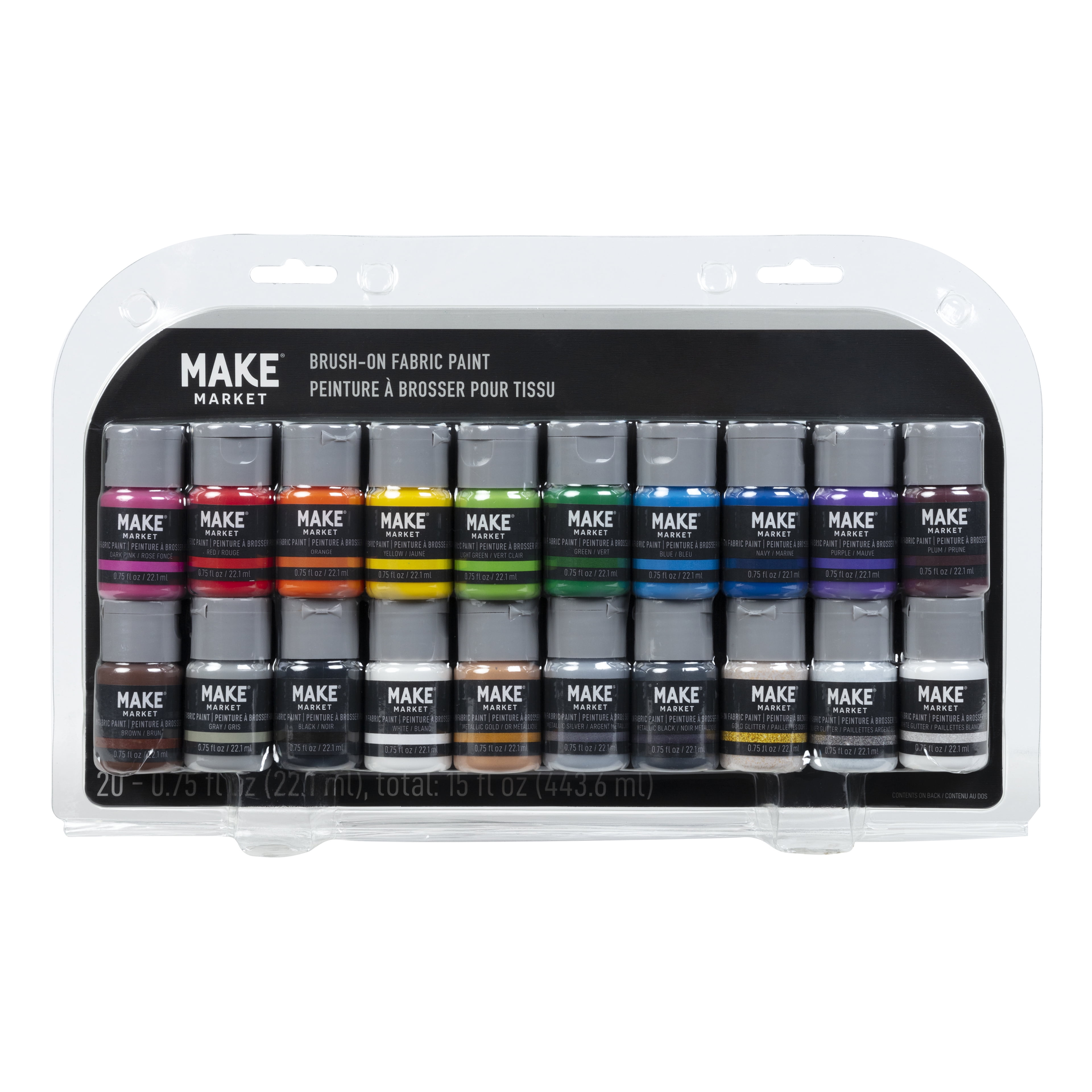 Primary Brush-On Fabric Paint Set by Make Market – Water-Based - Nontoxic - Matte - Metallic & Glitter Colors - 0.75 fl oz Bottles - 6 Packs