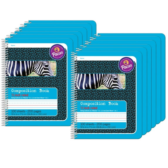 Primary Composition Book, 1/2" Ruled, Spiral Bound, Blue/Zebra, 9.75" x 7.5", 200 Pages, Pack of 12