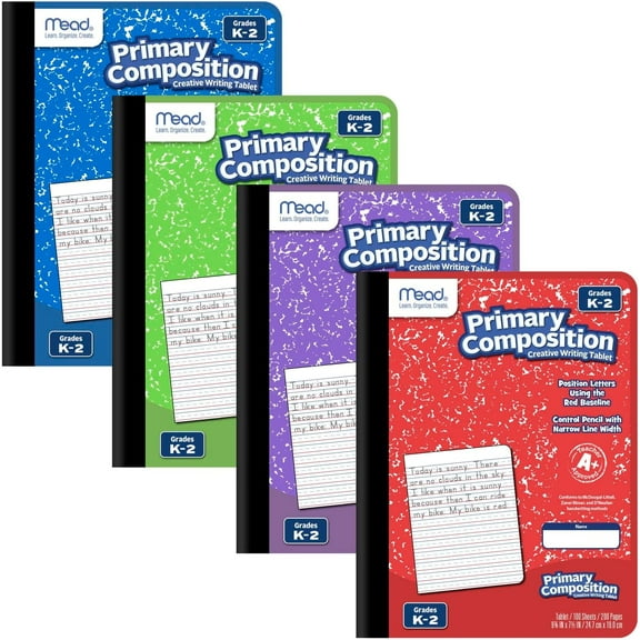 Primary Composition Book, 4 Pack, Primary Ruled Journal, Grades K-2, 7-1/2" x 9-3/4", 100 Sheets per Comp Book, Assorted Colors (610053-ECM)