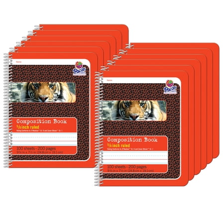 Primary Composition Book, 5/8" Ruled, Spiral Bound, Red/Tiger, 9.75" x 7.5", 200 Pages, Pack of 12