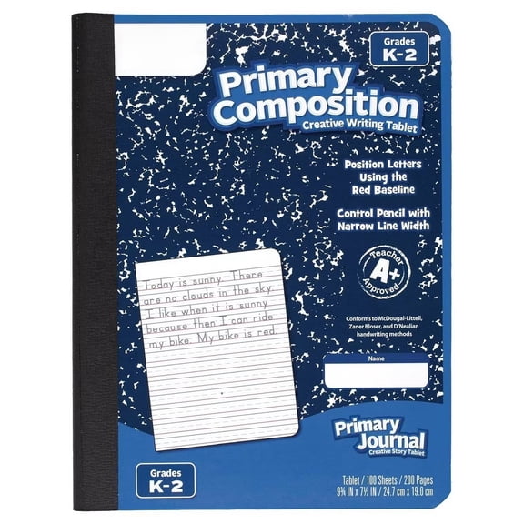 Primary Composition Book Writing Tablet: K-2 Journal, 7.5x9.75", 200 Pages, Sewn Binding, Hard Cover, Acid-Free Paper