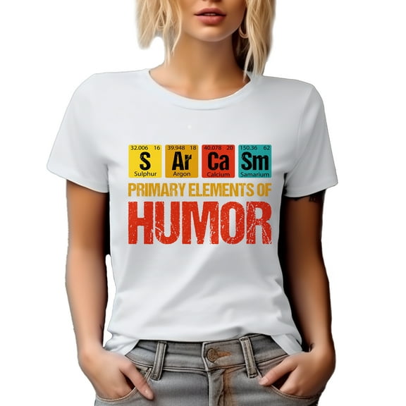 Primary Elements of Humor, S Ar Ca Sm, Funny Chemistry Elements Pun, White T-Shirt, Large