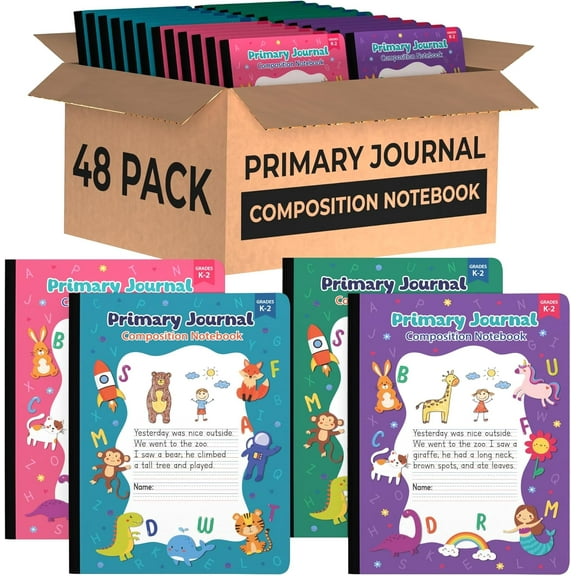 Primary Journal Grades K-2, Primary Composition Notebook K-2, Assorted Colors & Designs Writing Journal, 100 Sheets/200 Pages 9.75 x 7.5 Bulk Composition Notebook with Picture Space
