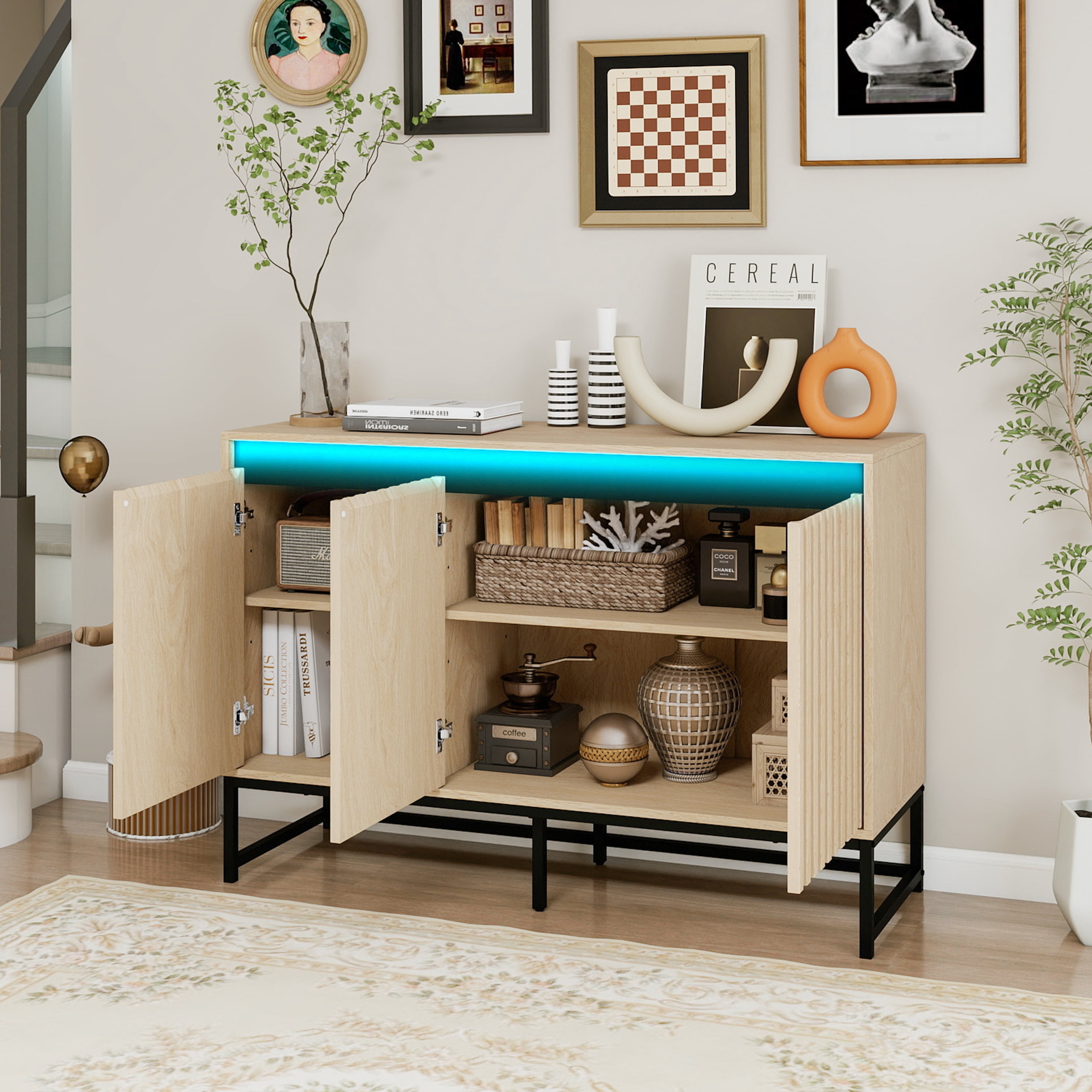Storage Cabinet Modern Coffee Bar Cabinet Large Capacity Storage Cabinet with 3 Adjustable Shelves for Living Room, Yellow & Blue