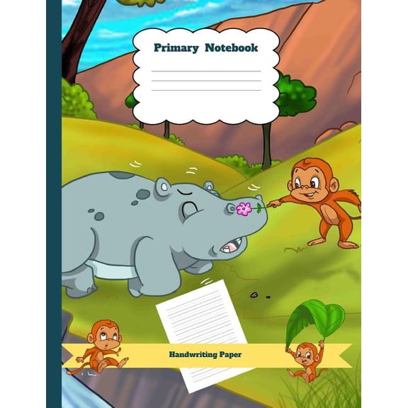 Primary Notebook Handwriting Paper: Hippo Theme Dashed Mid Line School Exercise Book Plus Sketch Pages for Boys and Girls Paperback