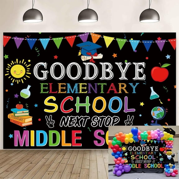 Primary School Graduation Backdrop Goodbye Elementary School Next Stop Middle School Backgrund 5th Grade School Classroom Class of 2026 Graduation Party Decorations Banner Photo Booth Props