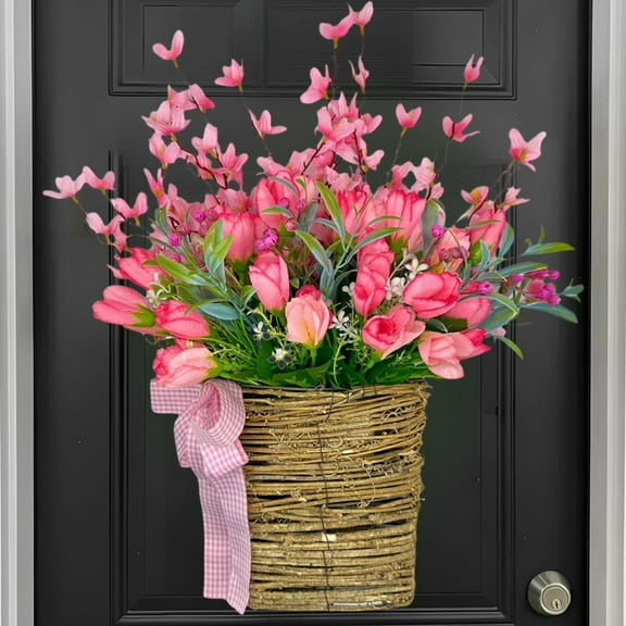 Primavera y verano Simulación Tulipanes Cesta de flores Simulación Corona de flores Decoración colgante de la puerta del hogar