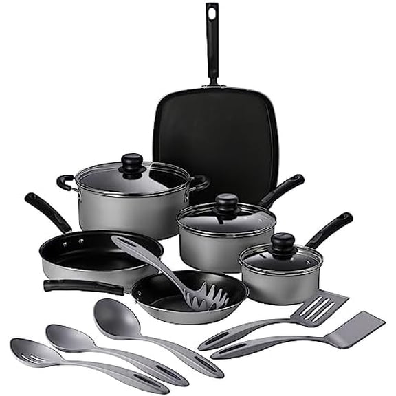 Primaware 15-Piece Non Stick Cookware Set with Lids and Utensils, Aluminum Nonstick Pots and Pans Kitchen Set (Silver)