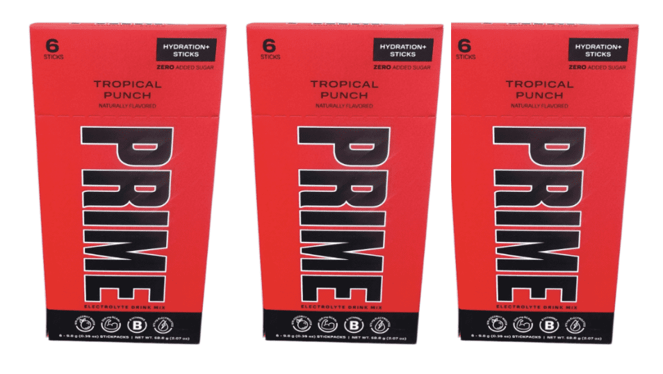 Prime (3 Pack) Tropical Punch Electrolyte Drink Mix, 18 Total Packets - 08/2025