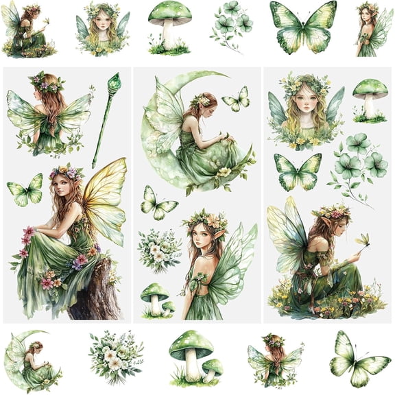 Prime 3 Sheets Rub On Transfer Stickers, Green Fairy Elf Waterproof Decals Furniture Craft Decorative for DIY Scrapbooking Photo Albums,15 * 30cm, 2025
