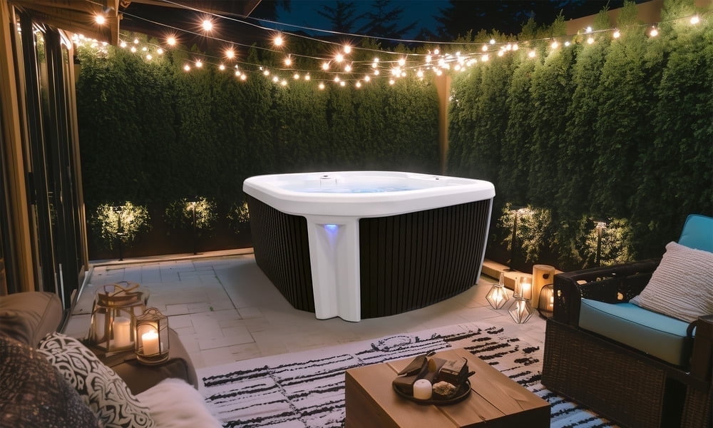 Prime 7‑Person 99‑Jet Performance Hot Tub – 240V, Stainless Steel Heater, Ozone System, Waterfall & LED Lighting (White/Mocha)