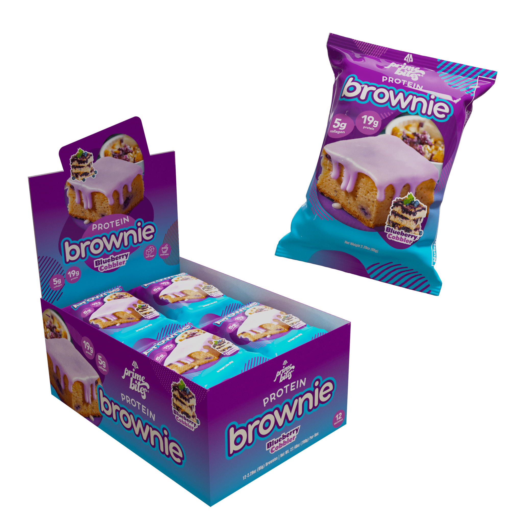 Blueberry Cobbler, 12 Count Prime Bites Protein Brownie with 19g Protein and 5g Collagen