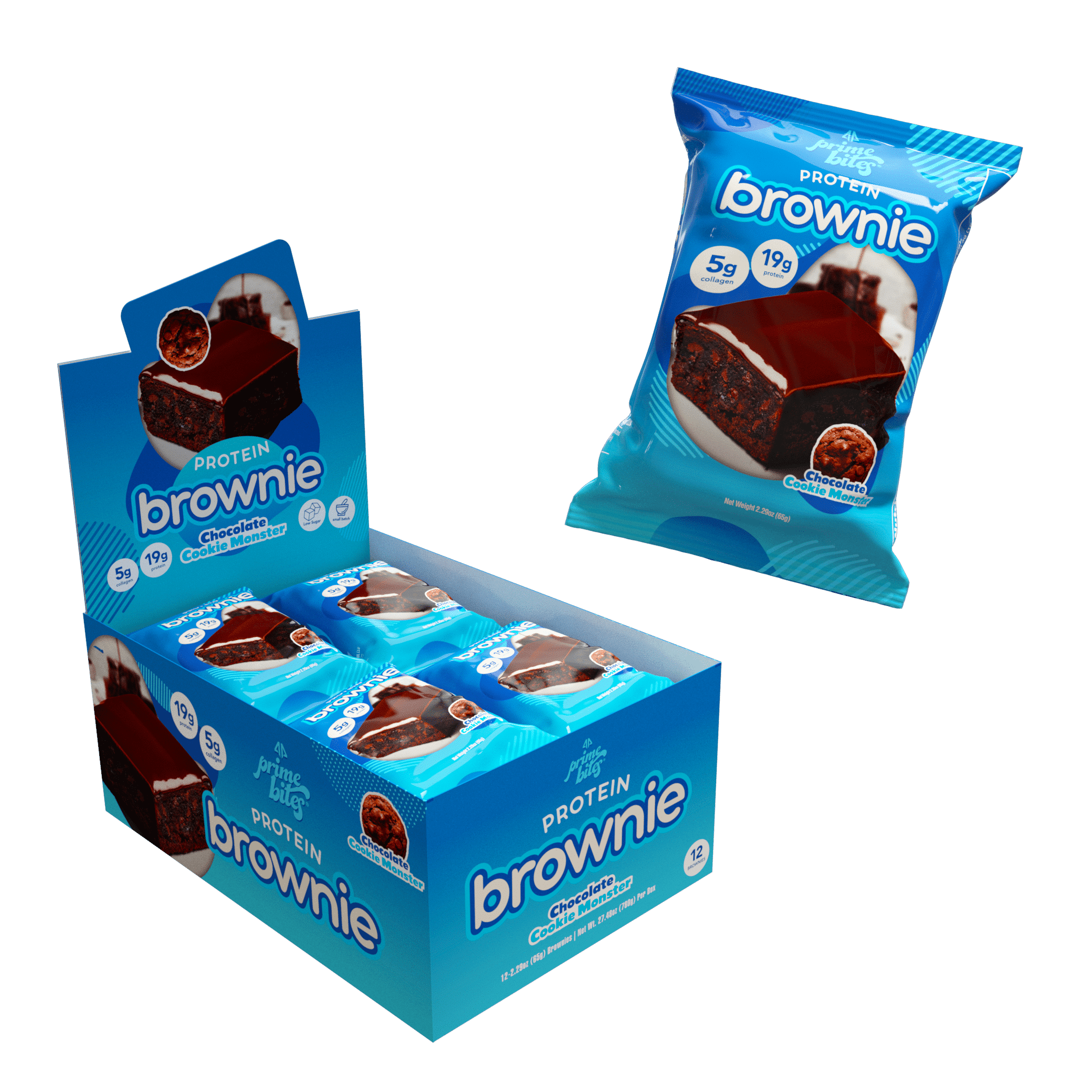 Chocolate Cookie Monster, 12 Count Prime Bites Protein Brownie with 19g Protein and 5g Collagen