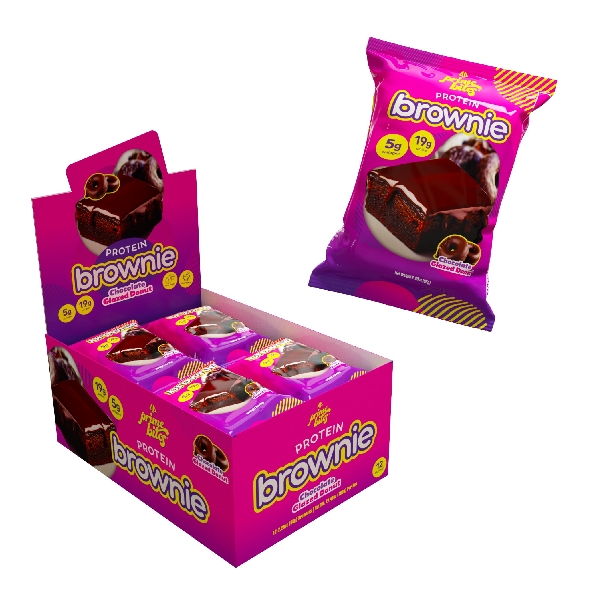 Prime Bites Protein Brownie with 19g Protein and 5g Collagen Glazed Chocolate Donut, 12 count