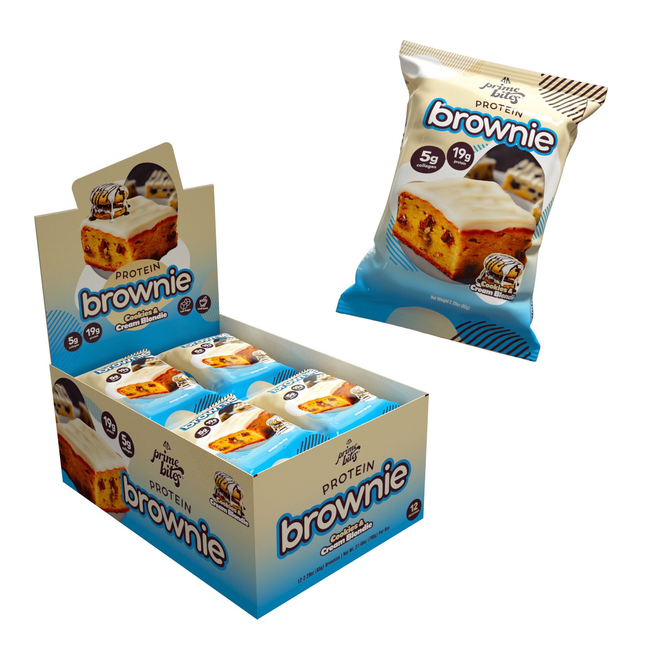 Cookies & Cream Blondie, 12 Count Prime Bites Protein Brownie with 19g Protein and 5g Collagen