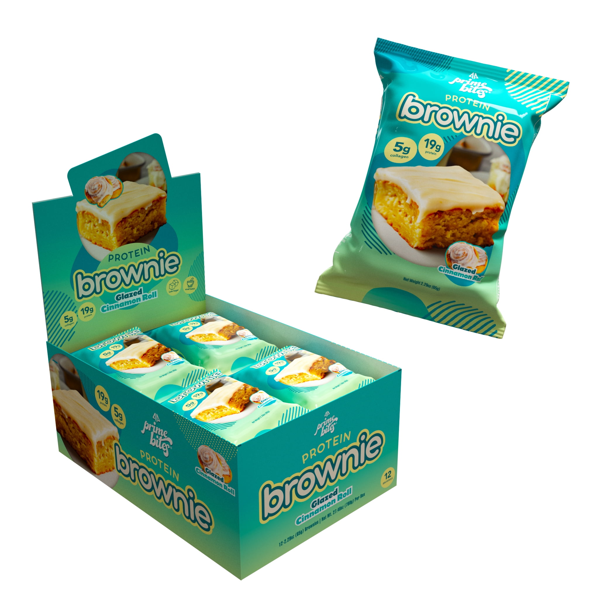 Glazed Cinnamon Roll, 12 Count Prime Bites Protein Brownie with 19g Protein and 5g Collagen