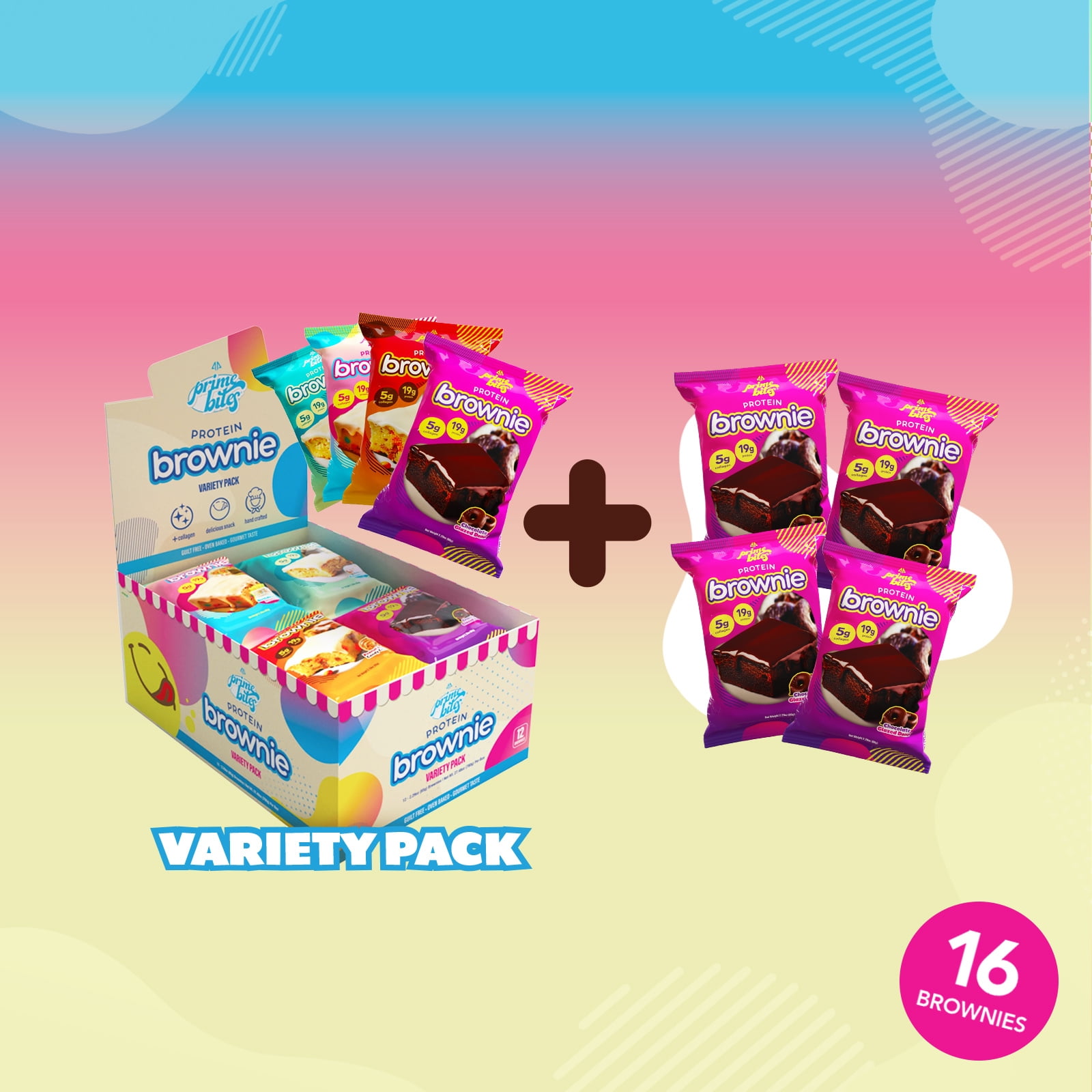 Prime Bites Protein Brownie with 19g Protein and 5g Collagen - Variety Pack, 12 Count + 4 Chocolate Glazed Donuts