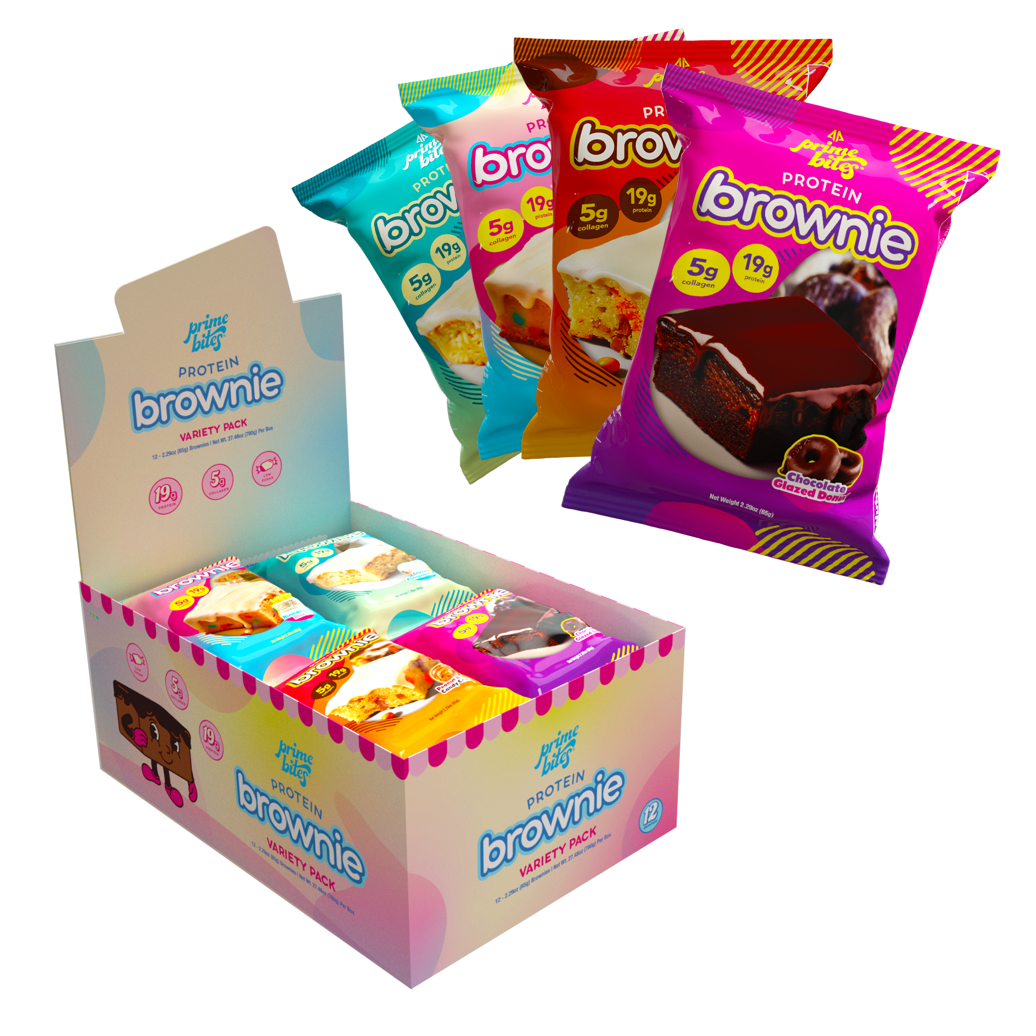 Prime Bites Protein Brownie with 19g Protein and 5g Collagen - Variety Pack, 12 Count