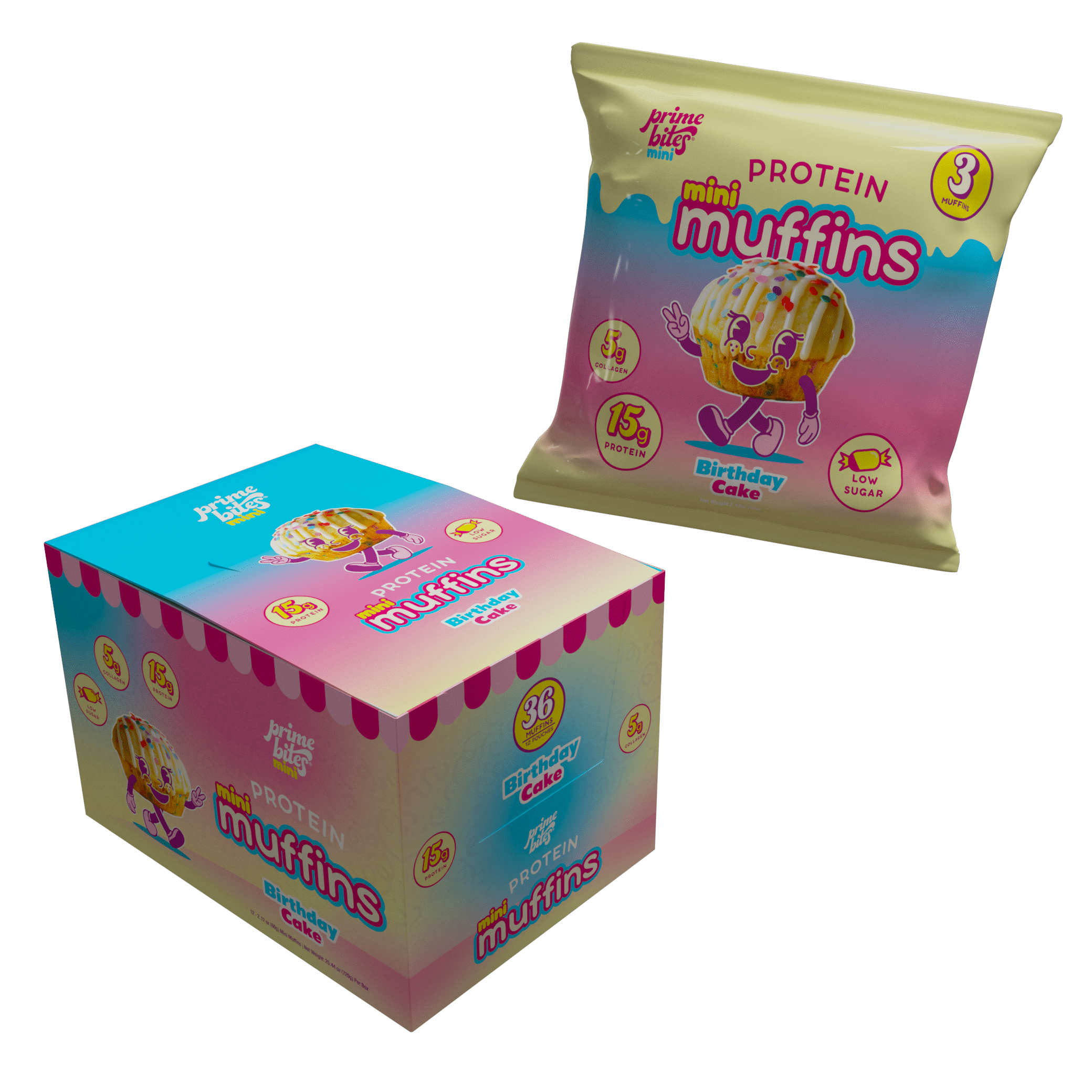 Prime Bites Protein Mini Muffins - Birthday Cake 15g Protein, Low Sugar, 5g Collagen