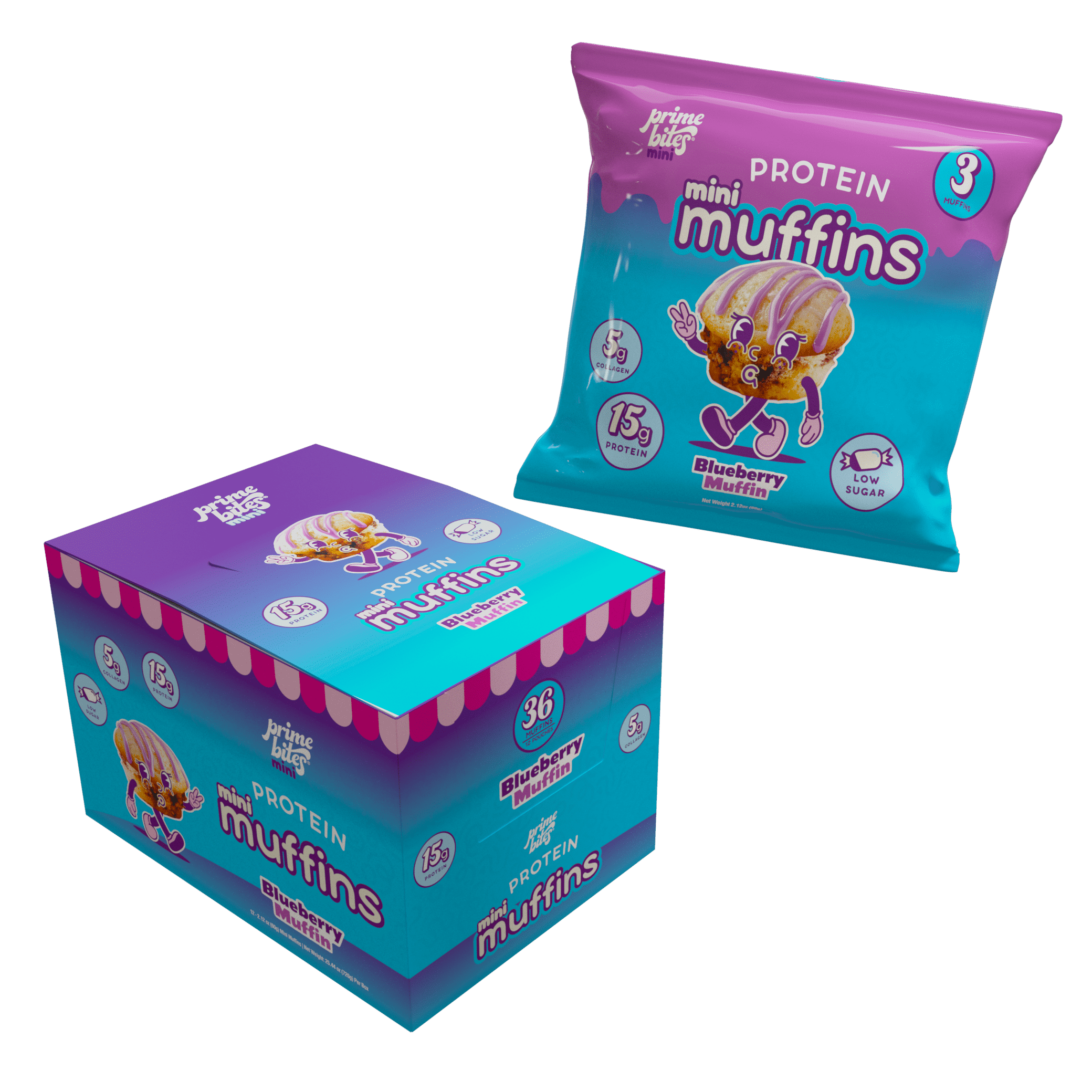Prime Bites Protein Mini Muffins - Blueberry  15g Protein, Low Sugar, 5g Collagen