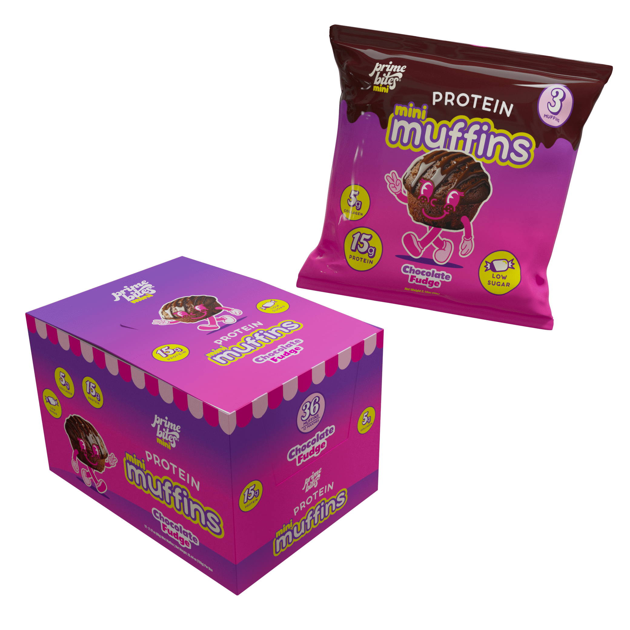 Prime Bites Protein Mini Muffins with 15g Protein and 5g Collagen, Chocolate Fudge, 12 Count