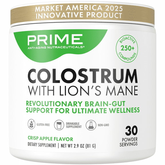 Prime Bovine Colostrum & Lion's Mane Mushroom Powder - Organic Colostrum (30% IgG) + Lions Mane for Gut & Immune Support Gluten-Free, Non-GMO 30 Servings