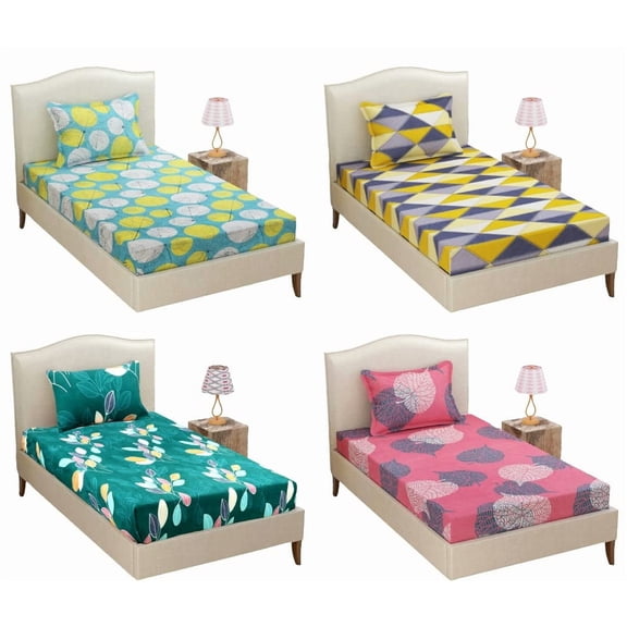 Prime Collection Combo Pack Of 4 Single Bedsheet With 4 Pillow Covers | 60 X 90 Inches, Multicolor - 160 Thread Count Soft Brushed Glace Cotton-Long Lasting & Wrinkle Free