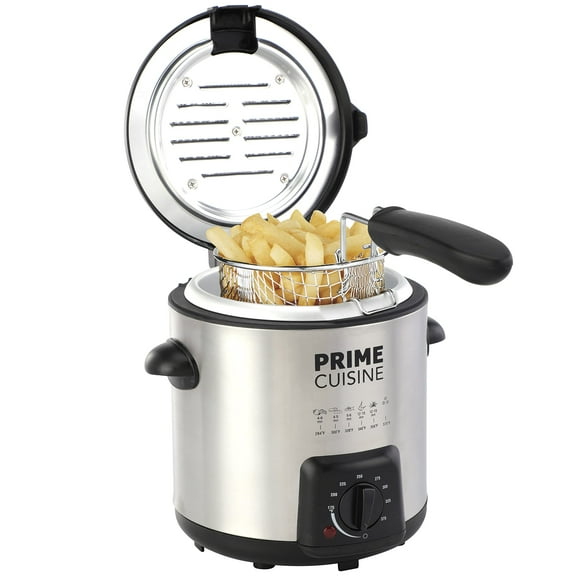 Prime Cuisine 1 Liter Electric Deep Fryer with Temperature Control, User Friendly Stainless Steel Fry Basket, Auto Shut Off Feature,Free, Stainless Steel and Black