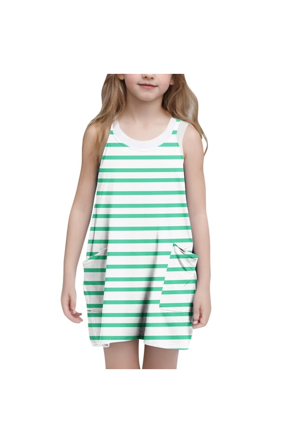 Girls Summer Casual Striped Mini Dress Loose Spaghetti Strap Sleeveless Cute One Piece Skirt with Pockets for 5-14 Years