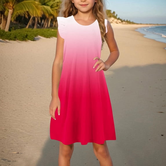 Prime Day Deals Girls Summer Dress Round Neck A-Line Ruffle Sleeve Smocked Holiday Dress with Pockets 4-14 Years Fourth of July Deals