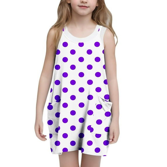 Girls Summer Sleeveless Polka Dots Mini Dress Loose Spaghetti Strap Crew Neck Cute One Piece with Pockets for 5-14 Years