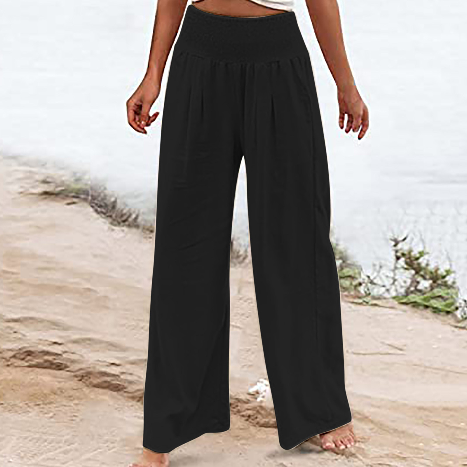 Yourumao Linen Pants for Women Womens High Waist Elastic Solid Palazzo Pants Straight Wide Leg Trousers Pants With Pocket
