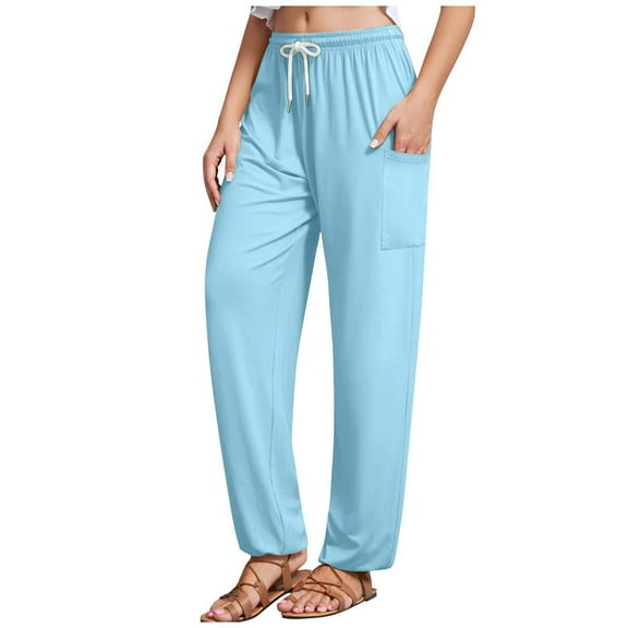 Yourumao Pants for Women Elastic Waist Tie Front Pants Gym Yoga Straight Sweatpant Lounge Jogger with Pockets