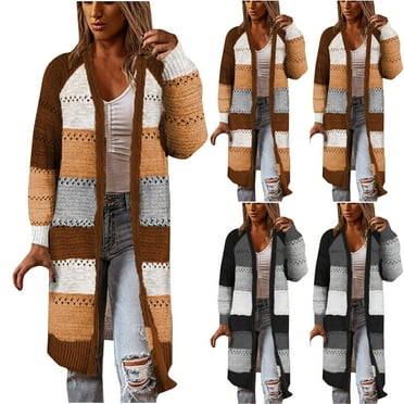 Prime Day Deals Today 2024 CEONE Cardigan Sweaters for Women,Women's Comfy Stylish Stitching Long Sleeve Sweater Casual Long Cardigan Tops