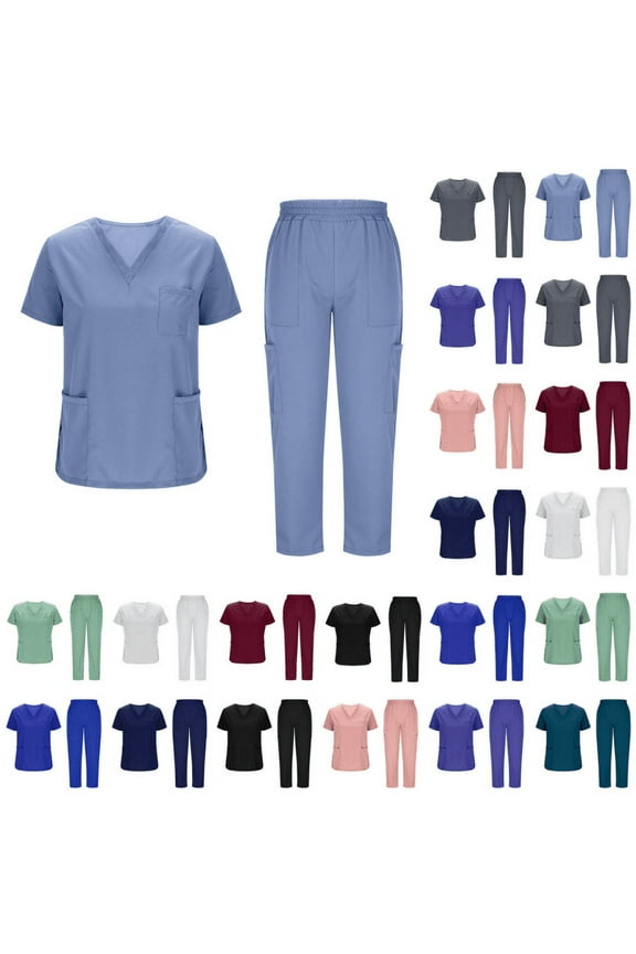 Womens Nursing Scrubs Sets Casual V Neck Scrub Tops Matching Elastic Waist Long Pants 2 Piece Outfits Multi Pockets Work Uniforms Army Green XXL