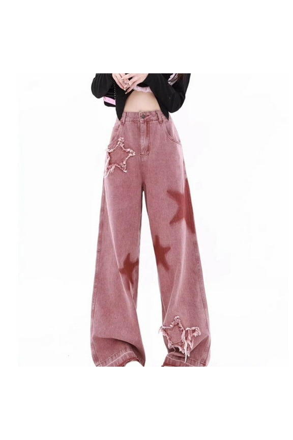 Bell Bottom, Women's Loose Fitting Denim Pants with Five Pointed Star Embroidery and Frayed Edges